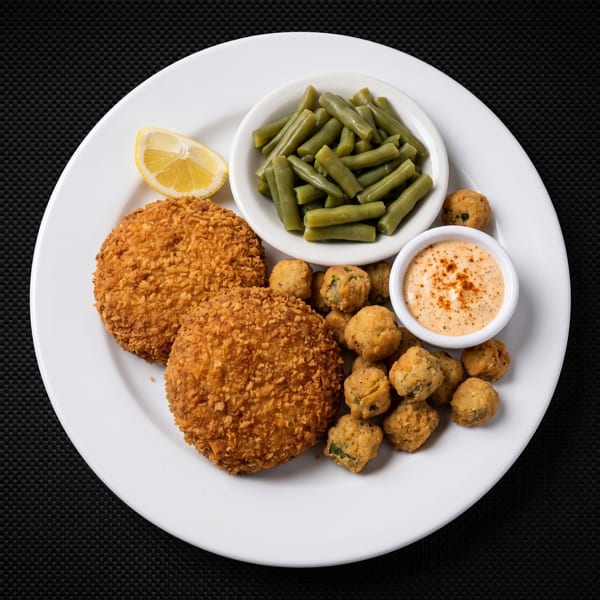Two crispy crab cakes, fried okra, green beans, lemon wedge, and dipping sauce on a white plate.