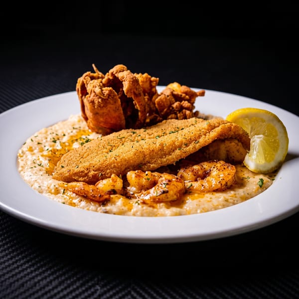Fried fish, shrimp, and hush puppies on a bed of grits, garnished with a lemon wedge.