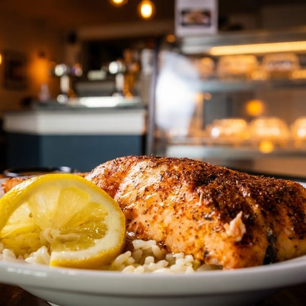 Seasoned salmon with rice and a lemon wedge on a white plate in a restaurant setting.