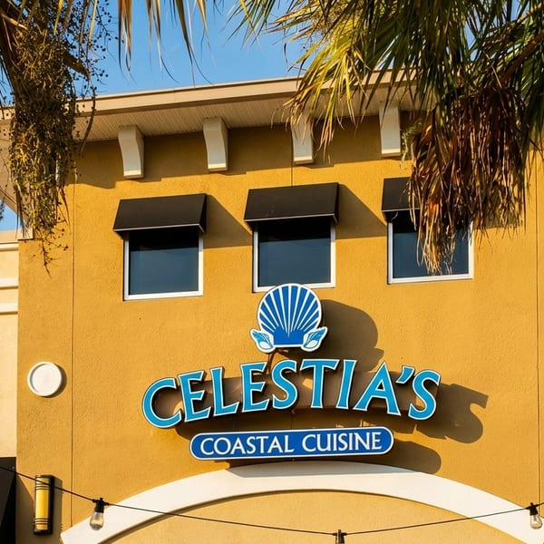 Celestia's Coastal Cuisine restaurant exterior with blue sign, shell logo, and palm trees.