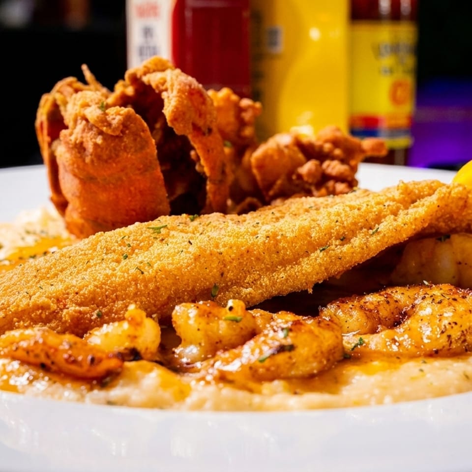 Fried catfish and shrimp over grits, garnished with a lemon wedge and fried crab.