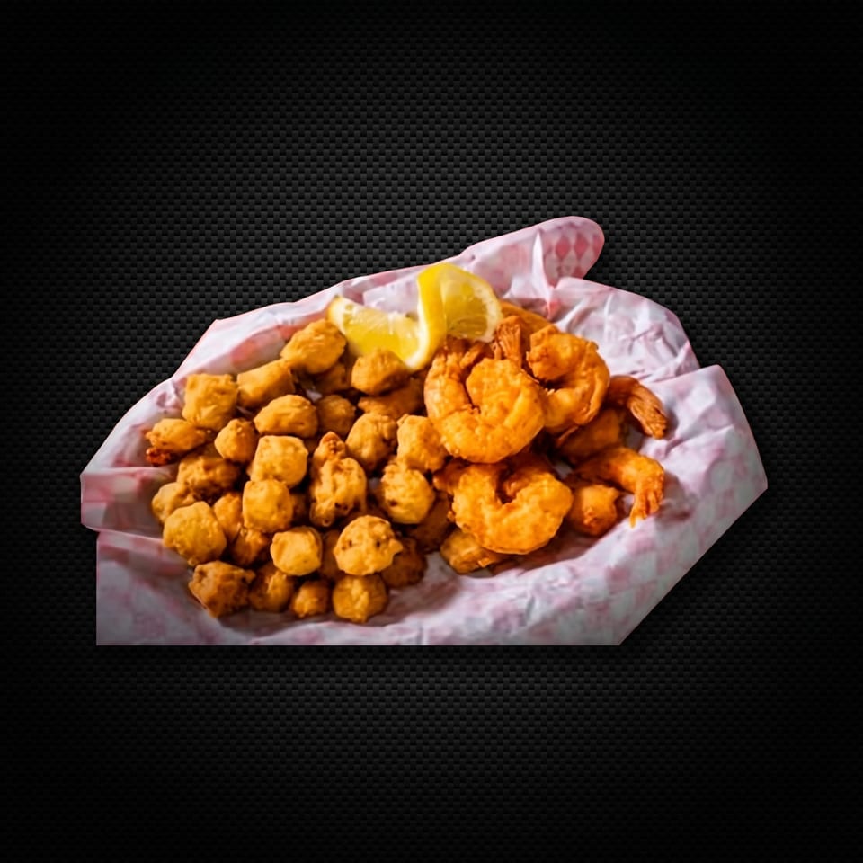 Fried shrimp and hush puppies with a lemon wedge, served in a paper-lined basket.