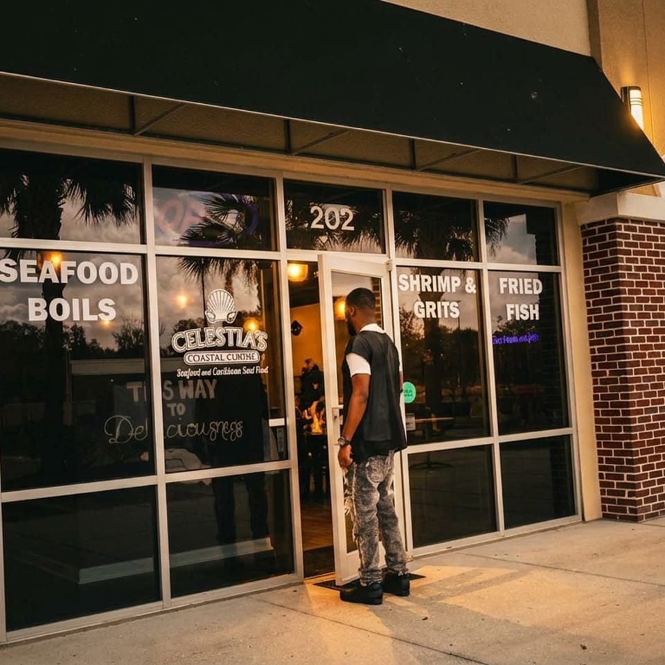A man stands at the entrance of Celestia's Coastal Cuisine restaurant, with menu items visible on the windows.
